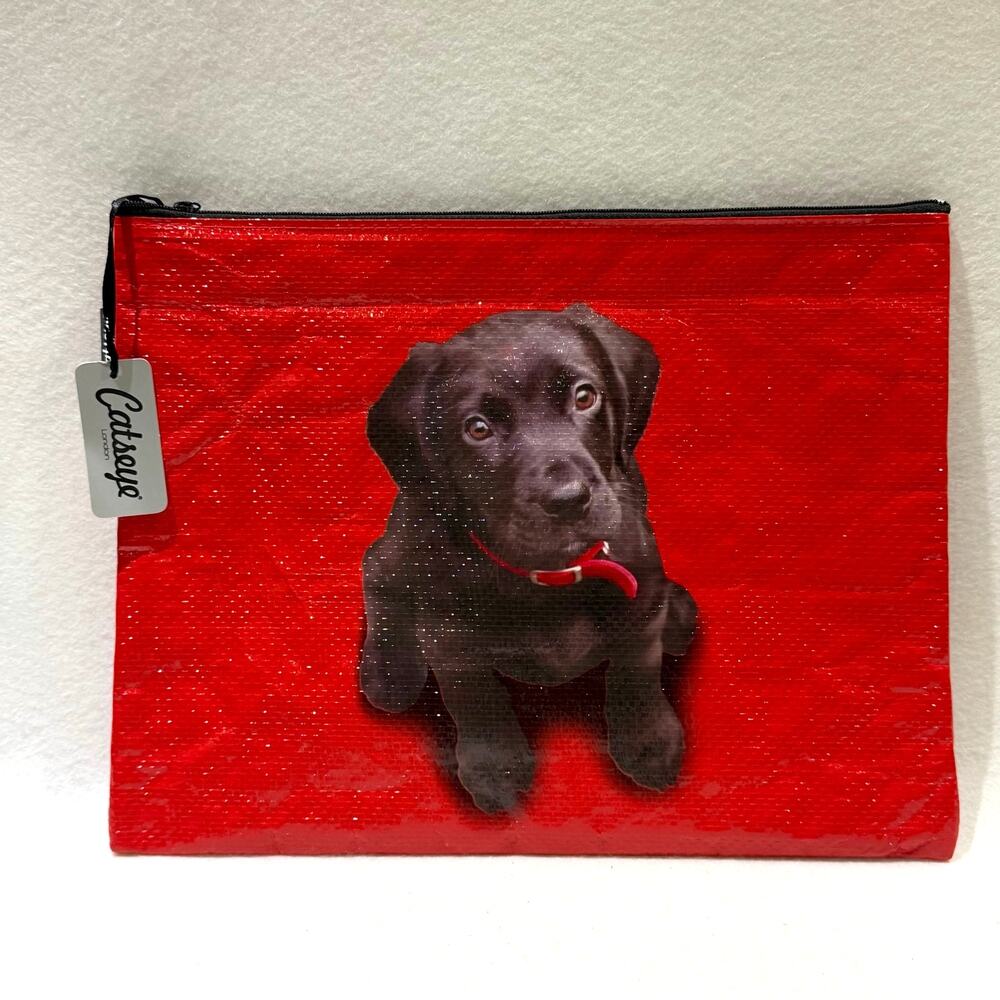 NEW Catseye London Large Vinyl Zipper A4 Pouch Bag Chocolate Lab Puppy Red